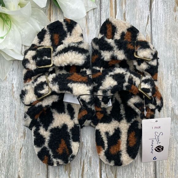 Fuzzy Leopard 2 Band Luxe Step In Comfy Indoor Outdoor Sandals Slippers Shoes 6 - Picture 1 of 9